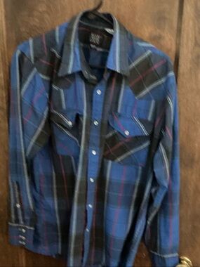 Vintage Rock Creek Ranch Men's Blue Plaid Western Shirt pearl snaps size 16 x35